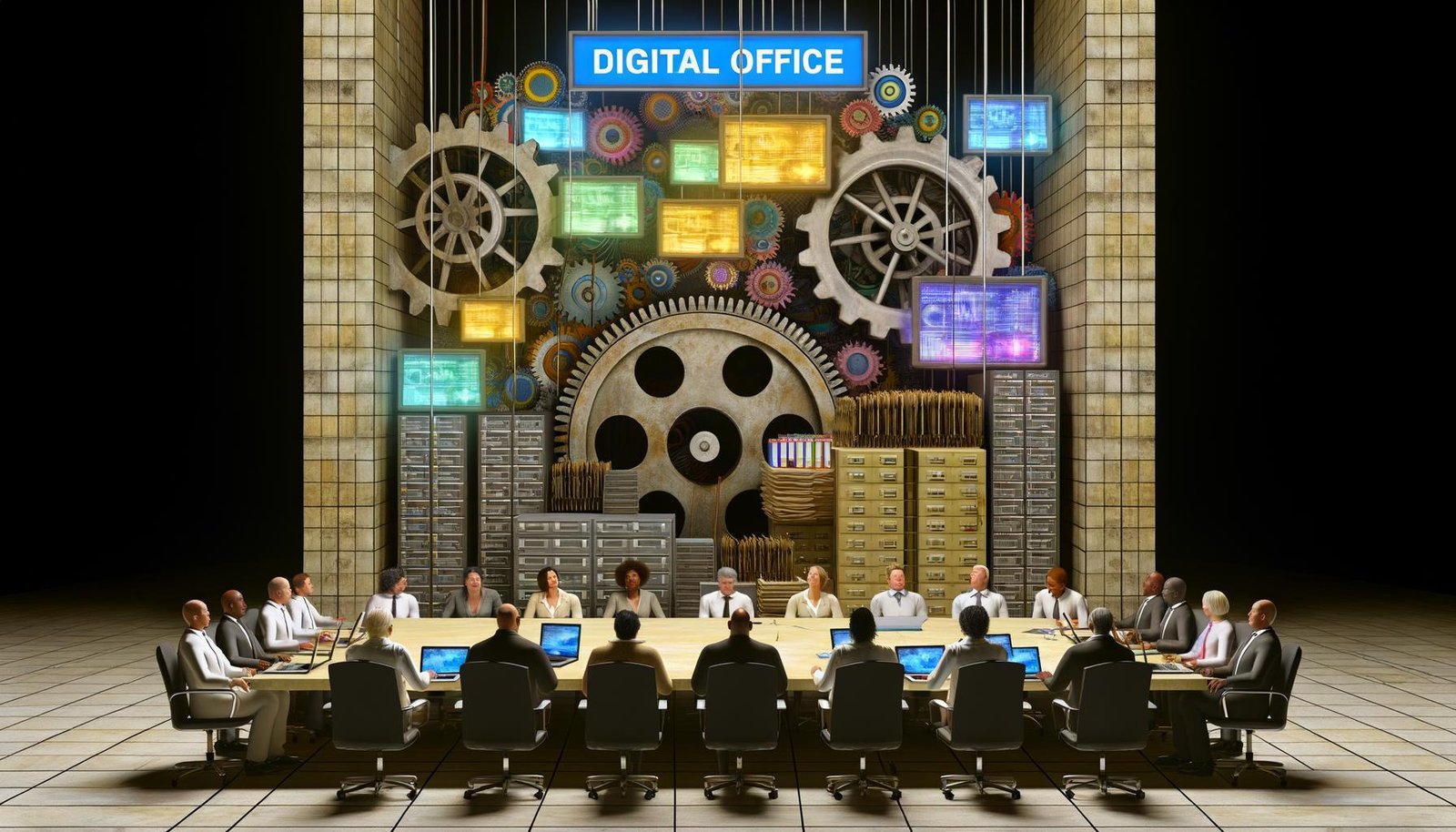 Büroszene mit übergroßen Zahnrädern, Computern, Akten und Menschen aus verschiedenen Berufsgruppen, die hitzig am Tisch über Digitalisierung in Deutschland debattieren.