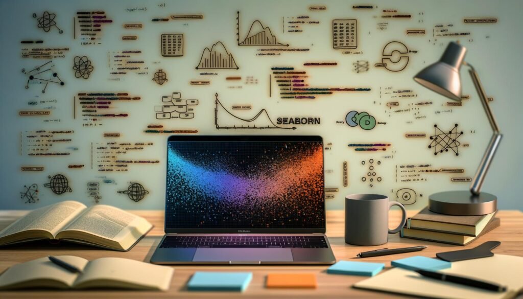 Moderner Data-Science-Arbeitsplatz mit offenem Laptop, Seaborn Scatterplot, Python-Notizbüchern, Kaffeebecher, Sticky Notes und Datenvisualisierungs-Büchern in kreativem Umfeld 2025