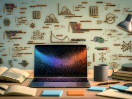 Moderner Data-Science-Arbeitsplatz mit offenem Laptop, Seaborn Scatterplot, Python-Notizbüchern, Kaffeebecher, Sticky Notes und Datenvisualisierungs-Büchern in kreativem Umfeld 2025