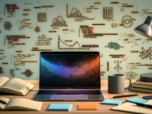 Moderner Data-Science-Arbeitsplatz mit offenem Laptop, Seaborn Scatterplot, Python-Notizbüchern, Kaffeebecher, Sticky Notes und Datenvisualisierungs-Büchern in kreativem Umfeld 2025