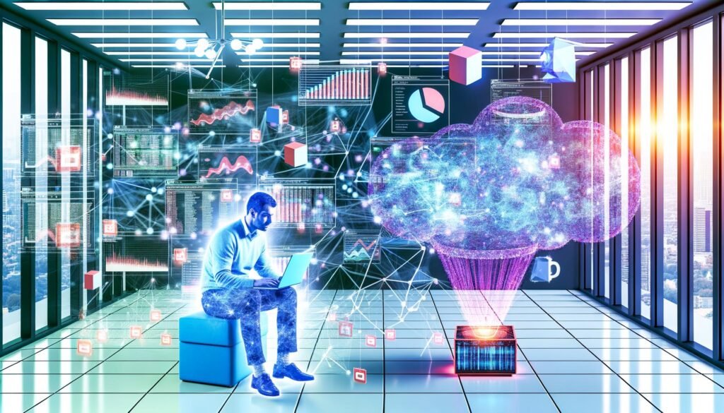 Visualisierung eines energiegeladenen Großraumbüros mit abstrahiertem Dateningenieur, vernetzten Daten-Clustern, Spark-Symbolen und modernen Dashboards im Neon- und Glasstil.
