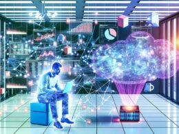 Visualisierung eines energiegeladenen Großraumbüros mit abstrahiertem Dateningenieur, vernetzten Daten-Clustern, Spark-Symbolen und modernen Dashboards im Neon- und Glasstil.