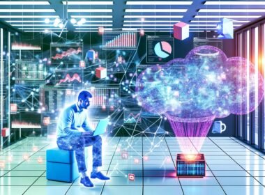 Visualisierung eines energiegeladenen Großraumbüros mit abstrahiertem Dateningenieur, vernetzten Daten-Clustern, Spark-Symbolen und modernen Dashboards im Neon- und Glasstil.