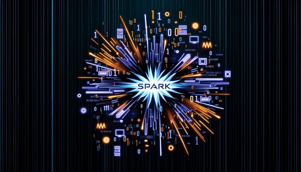 Modernes Titelbild mit explodierenden Datenströmen, leuchtendem Spark-Logo, abstrahierten Servern sowie Icons für Machine Learning, Streaming und Dataframes vor dunklem, futuristischem Hintergrund.