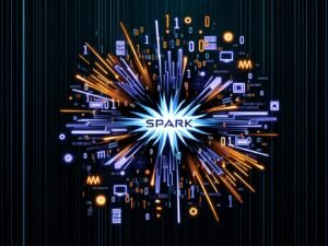Modernes Titelbild mit explodierenden Datenströmen, leuchtendem Spark-Logo, abstrahierten Servern sowie Icons für Machine Learning, Streaming und Dataframes vor dunklem, futuristischem Hintergrund.