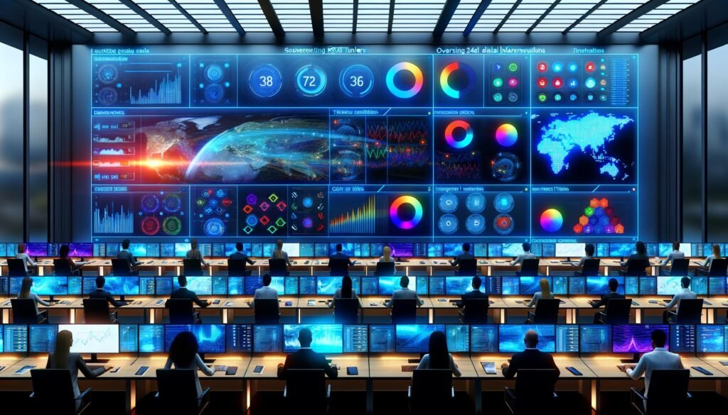 Hochmodernes Kontrollzentrum mit großen Bildschirmen, die Echtzeit-Marketingdaten, KPIs, Conversion-Funnel und Heatmaps anzeigen; Marketer arbeiten konzentriert im blauen und orangen Neonlicht.