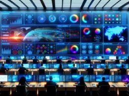 Hochmodernes Kontrollzentrum mit großen Bildschirmen, die Echtzeit-Marketingdaten, KPIs, Conversion-Funnel und Heatmaps anzeigen; Marketer arbeiten konzentriert im blauen und orangen Neonlicht.