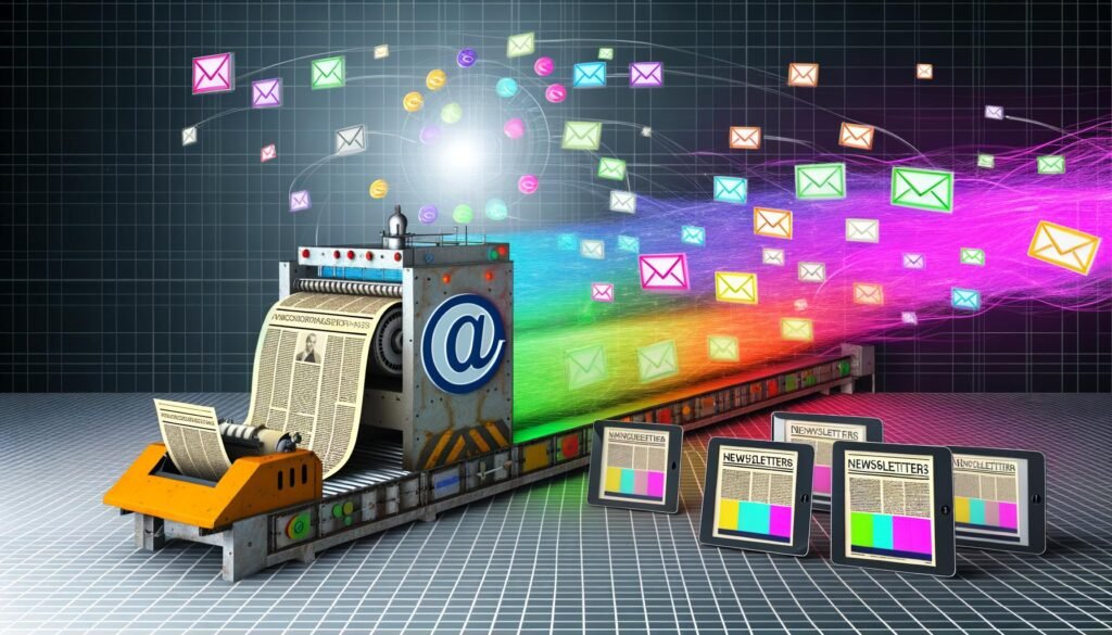 Illustration eines Maschinenraums, in dem das WordPress-Logo automatisiert bunte Newsletter-Seiten ausgibt. E-Mail-Symbole und Icons von Plugins wie MailPoet, Mailchimp, Sendinblue und Newsletter Plugin leuchten im Hintergrund, während ein altes Faxgerät neben modernen Tablets steht.