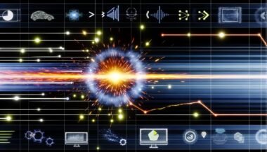 Digitale Funkenexplosion mit Datenwellen, leuchtenden Linien, Netzwerk-Dashboards und abstrakten Symbolen für Automatisierung, Personalisierung, Analyse und SEO.