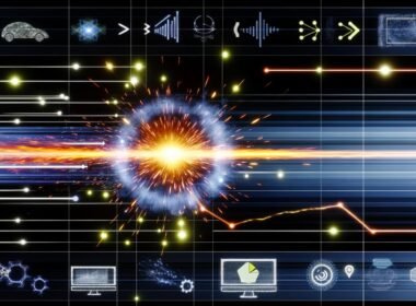 Digitale Funkenexplosion mit Datenwellen, leuchtenden Linien, Netzwerk-Dashboards und abstrakten Symbolen für Automatisierung, Personalisierung, Analyse und SEO.