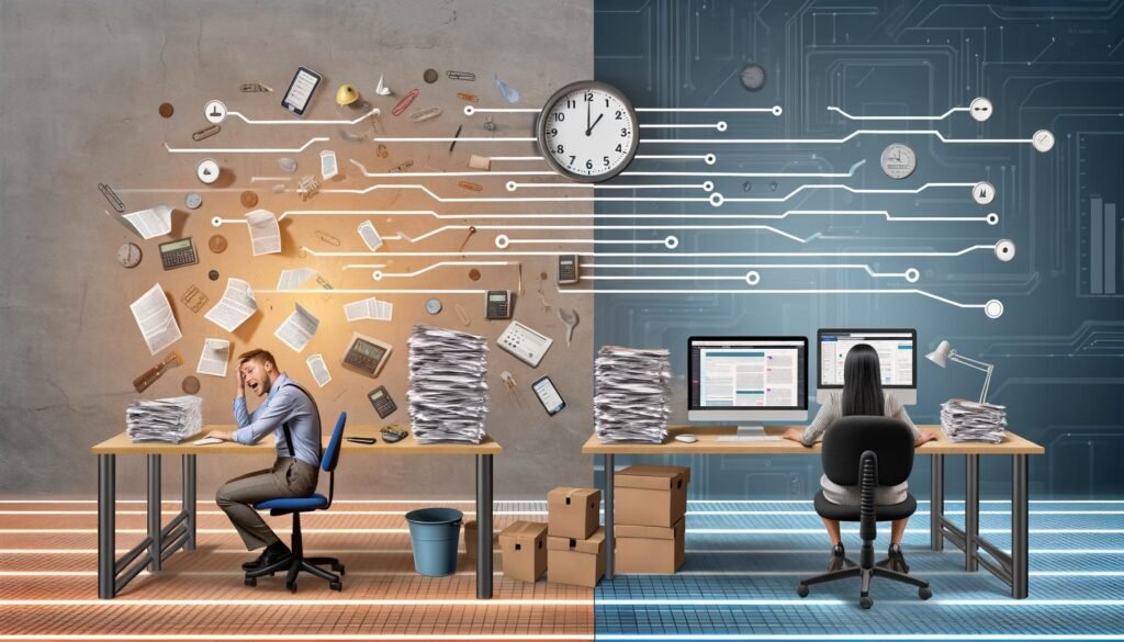 Illustration eines Redaktionsbüros mit einem gestressten, manuell arbeitenden Redakteur links und einem entspannten Online-Marketing-Experten mit digitalen Tools rechts. Dazwischen fließen digitale Verbindungen durch ein modernes, urbanes Setting.