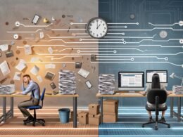 Illustration eines Redaktionsbüros mit einem gestressten, manuell arbeitenden Redakteur links und einem entspannten Online-Marketing-Experten mit digitalen Tools rechts. Dazwischen fließen digitale Verbindungen durch ein modernes, urbanes Setting.