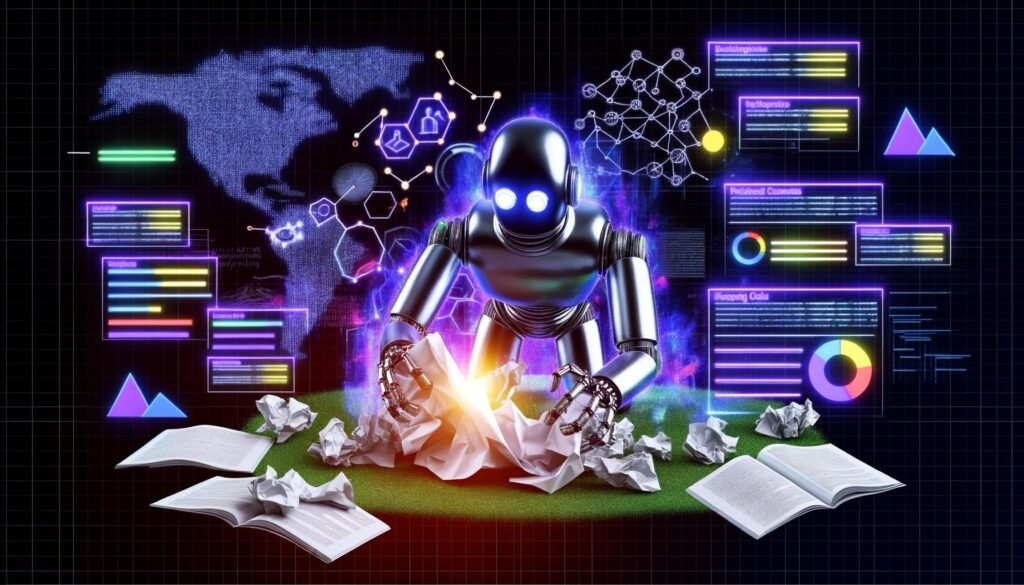 Kraftvoller Roboter zerreißt Papiernotizen und projiziert moderne Datengrafiken vor neuronalen Netzwerken. Im Hintergrund verblassen analoge Werkzeuge, während der Schriftzug 'Data-Driven Content System' über dem Geschehen schwebt.