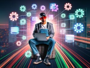 Streetwear-Marketerin mit Laptop, umgeben von technischen SEO-Icons und Datenströmen zwischen urbanen Hochhäusern in energetisch leuchtender Szene.