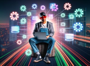 Streetwear-Marketerin mit Laptop, umgeben von technischen SEO-Icons und Datenströmen zwischen urbanen Hochhäusern in energetisch leuchtender Szene.