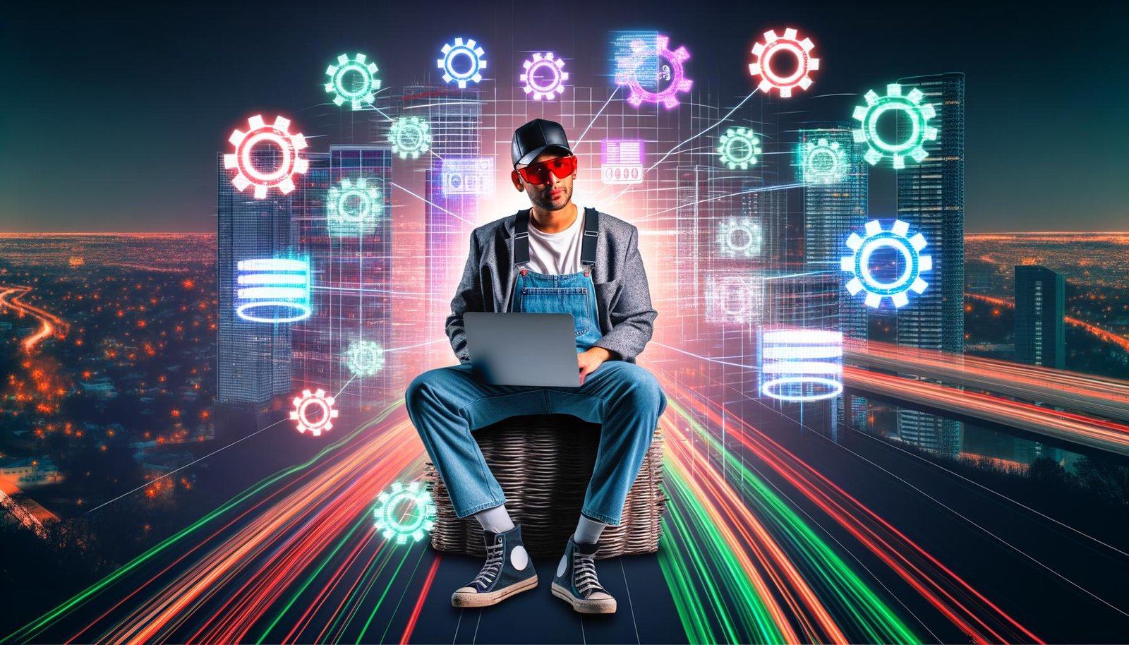 Streetwear-Marketerin mit Laptop, umgeben von technischen SEO-Icons und Datenströmen zwischen urbanen Hochhäusern in energetisch leuchtender Szene.