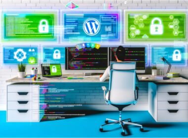 Digital Creator am modernen Arbeitsplatz mit Monitoren, die Code, WordPress und Analysen zeigen, umgeben von Sicherheits- und Cloud-Symbolen sowie Payment-Overlays.