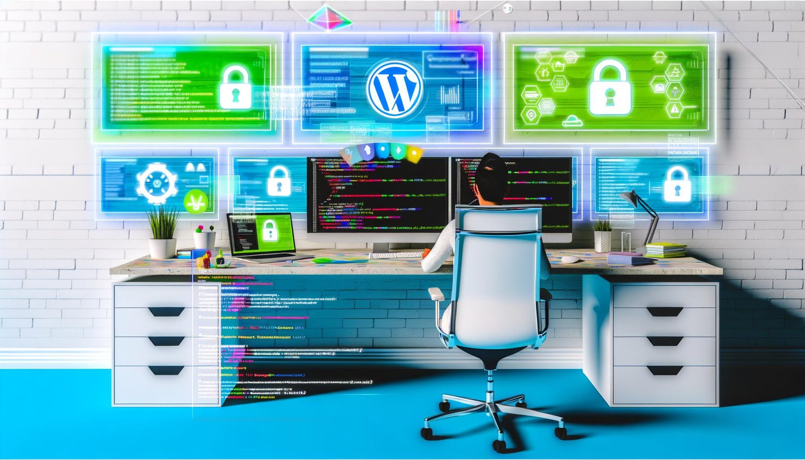 Digital Creator am modernen Arbeitsplatz mit Monitoren, die Code, WordPress und Analysen zeigen, umgeben von Sicherheits- und Cloud-Symbolen sowie Payment-Overlays.
