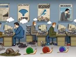 Satirische Szene deutscher Politiker an überfüllten Schreibtischen mit Bürokratie, alter Technik, einer 'Breitband'-Schnecke und einem gelangweilten Tech-Unternehmer draußen am Fenster.