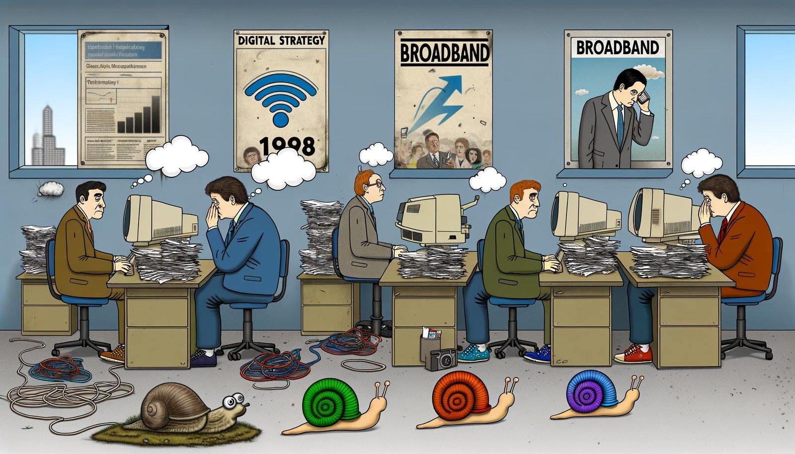 Satirische Szene deutscher Politiker an überfüllten Schreibtischen mit Bürokratie, alter Technik, einer 'Breitband'-Schnecke und einem gelangweilten Tech-Unternehmer draußen am Fenster.