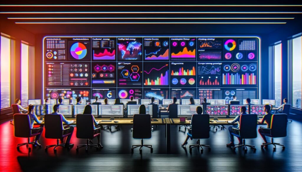 Dunkles Büro mit großem Bildschirm, zahlreichen Daten-Dashboards, Heatmaps und motivierten Mitarbeitern an Hightech-Arbeitsplätzen, umgeben von LED-Leisten und digitalen Geräten.