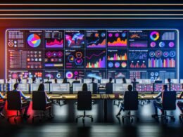 Dunkles Büro mit großem Bildschirm, zahlreichen Daten-Dashboards, Heatmaps und motivierten Mitarbeitern an Hightech-Arbeitsplätzen, umgeben von LED-Leisten und digitalen Geräten.