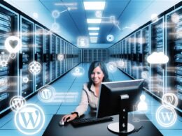 Futuristischer Serverraum, in dem ein IT-Profi ein leistungsstarkes WordPress-Dashboard mit Rollen- und ID-Management vor transparenten Datenscreens konfiguriert.