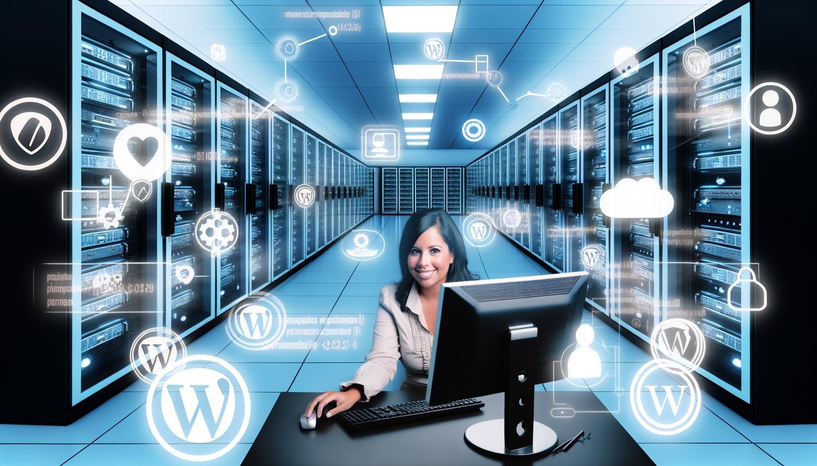 Futuristischer Serverraum, in dem ein IT-Profi ein leistungsstarkes WordPress-Dashboard mit Rollen- und ID-Management vor transparenten Datenscreens konfiguriert.