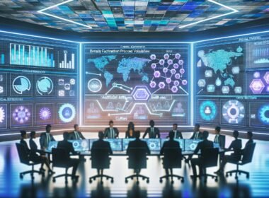 Kontrollraum im futuristischen Stil mit holografischen Displays, Marketers, KI-Daten und digitalen SEO-Diagrammen, dominiert von blauen und cyanfarbenen Lichtern.