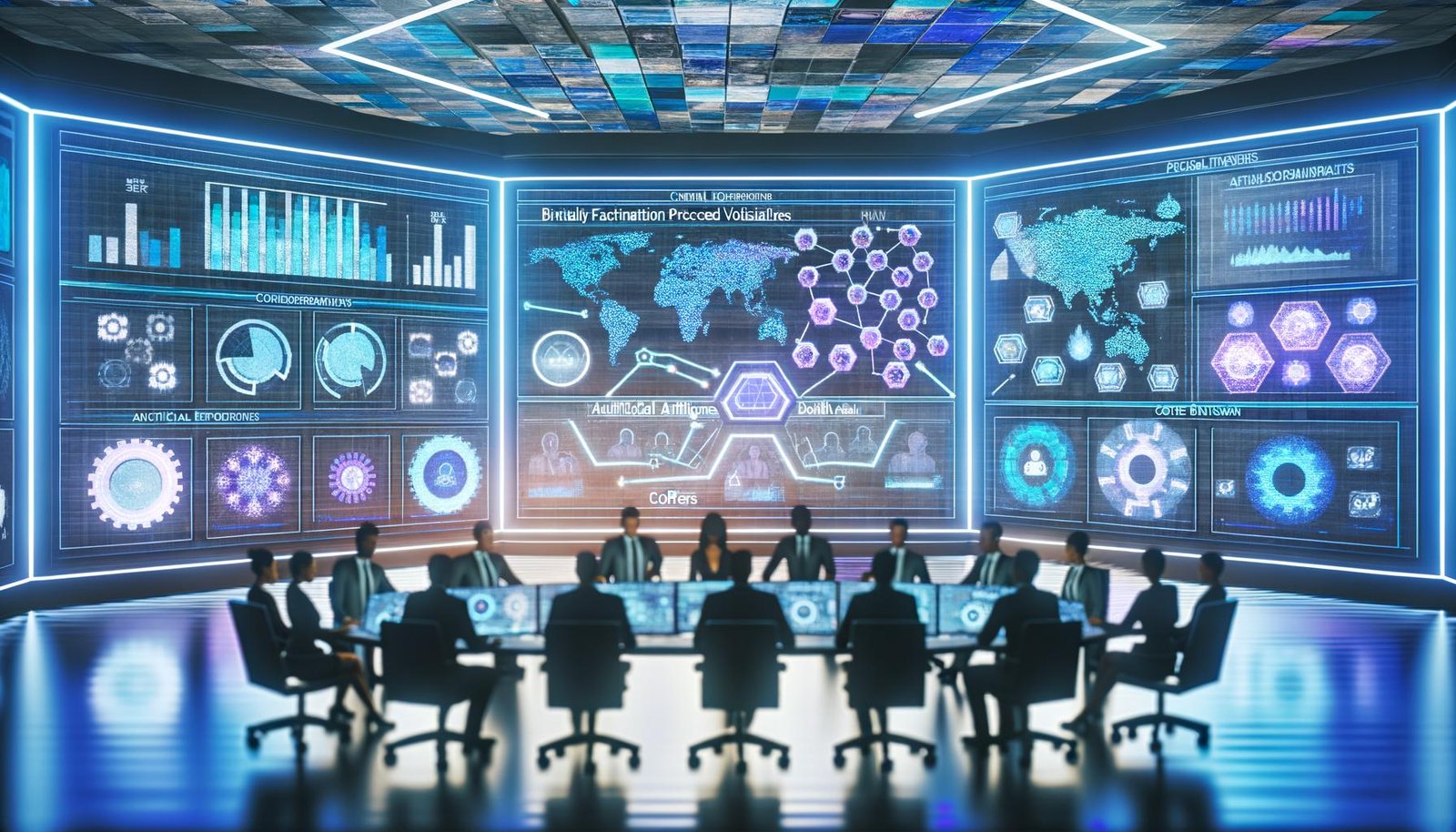 Kontrollraum im futuristischen Stil mit holografischen Displays, Marketers, KI-Daten und digitalen SEO-Diagrammen, dominiert von blauen und cyanfarbenen Lichtern.