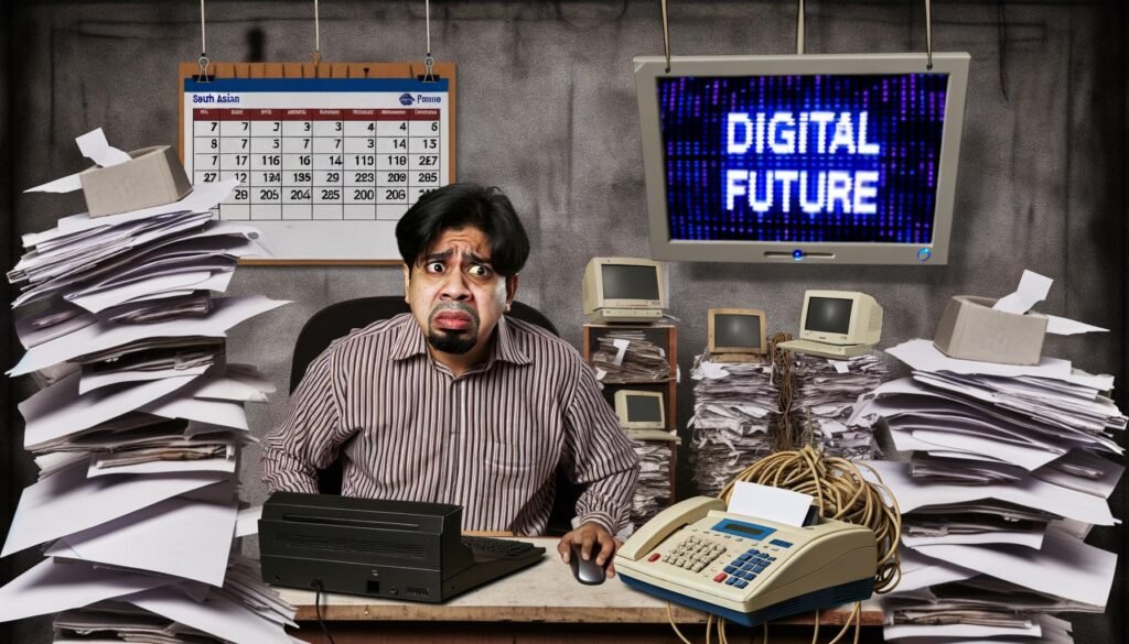 Frustrierter Büroarbeiter im alten Büro mit Kabelsalat, alten Computern und Papierstapeln, während eine Präsentation die digitale Zukunft ankündigt.