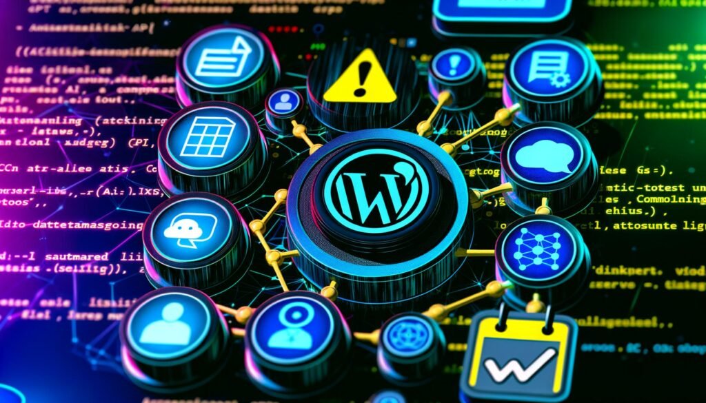 Moderne, technische WordPress-Admin-Oberfläche mit Symbolen für KI, Automatisierung, Checkliste und Blogposts, verbunden durch API-Linien und Datenströme im Neon-Stil.