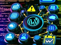 Moderne, technische WordPress-Admin-Oberfläche mit Symbolen für KI, Automatisierung, Checkliste und Blogposts, verbunden durch API-Linien und Datenströme im Neon-Stil.