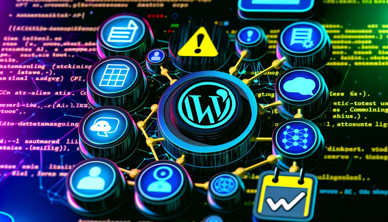 Moderne, technische WordPress-Admin-Oberfläche mit Symbolen für KI, Automatisierung, Checkliste und Blogposts, verbunden durch API-Linien und Datenströme im Neon-Stil.