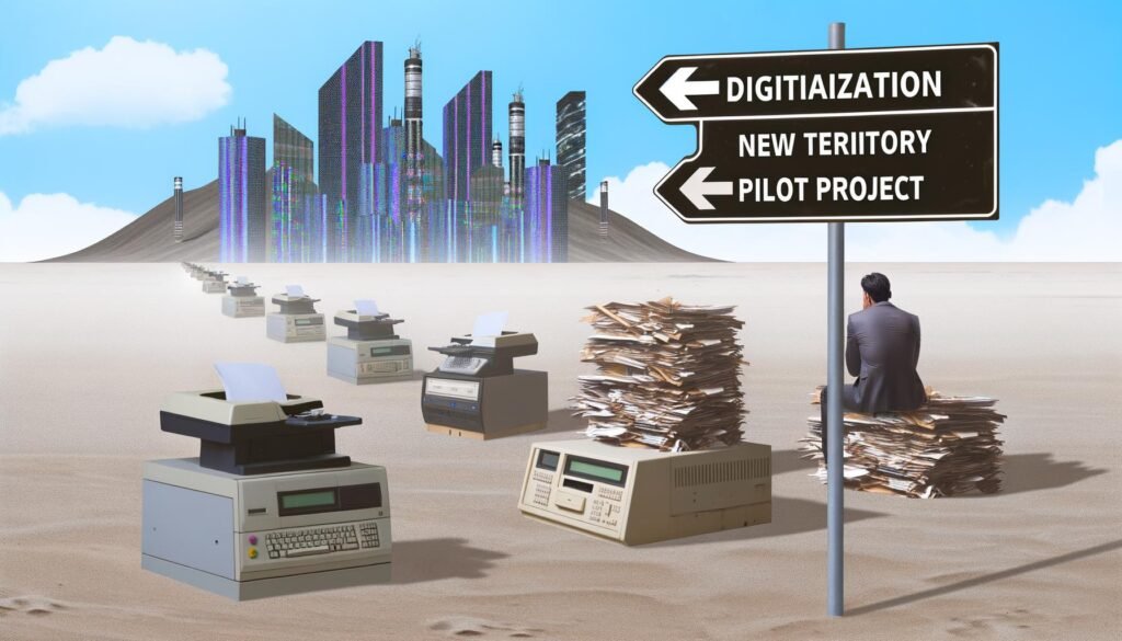 Büroarbeiter in Anzug blickt aus einer grauen Wüstenlandschaft aus Faxgeräten, Mainframes und Papierstapeln zu einer fernen Skyline aus Glasfaser und Servergebäuden, mit verwehten Verkehrsschildern zu Digitalisierung.