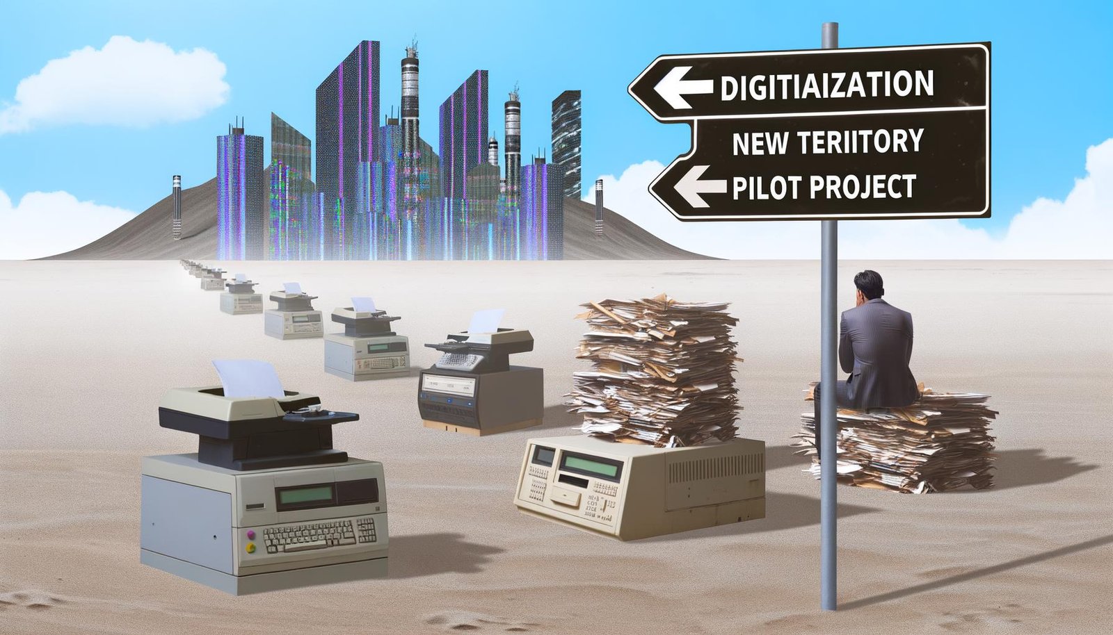 Büroarbeiter in Anzug blickt aus einer grauen Wüstenlandschaft aus Faxgeräten, Mainframes und Papierstapeln zu einer fernen Skyline aus Glasfaser und Servergebäuden, mit verwehten Verkehrsschildern zu Digitalisierung.