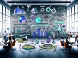 Modernes Redaktionsbüro mit digitalem Dashboard, das Live-Analysen und Performance-Metriken anzeigt, umgeben von Content Creatorn und ikonischen Symbolen für SEO, Konversion und Automatisierung.