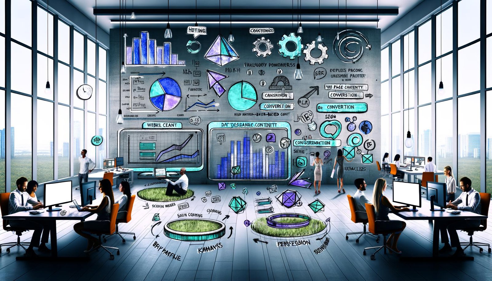 Modernes Redaktionsbüro mit digitalem Dashboard, das Live-Analysen und Performance-Metriken anzeigt, umgeben von Content Creatorn und ikonischen Symbolen für SEO, Konversion und Automatisierung.