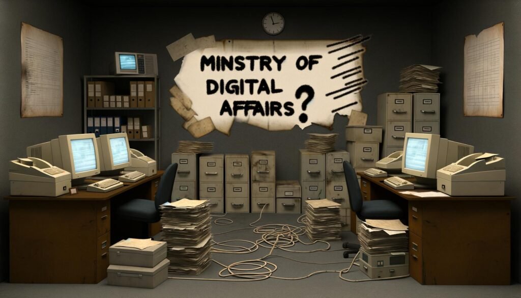 Verunsicherte Beamte in einem grauen, altmodischen Büro mit Faxgeräten, Papierstapeln und einem ironischen Digitalministerium-Schild an der Wand.