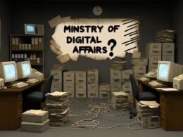 Verunsicherte Beamte in einem grauen, altmodischen Büro mit Faxgeräten, Papierstapeln und einem ironischen Digitalministerium-Schild an der Wand.