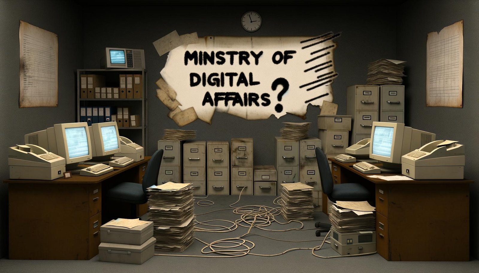 Verunsicherte Beamte in einem grauen, altmodischen Büro mit Faxgeräten, Papierstapeln und einem ironischen Digitalministerium-Schild an der Wand.