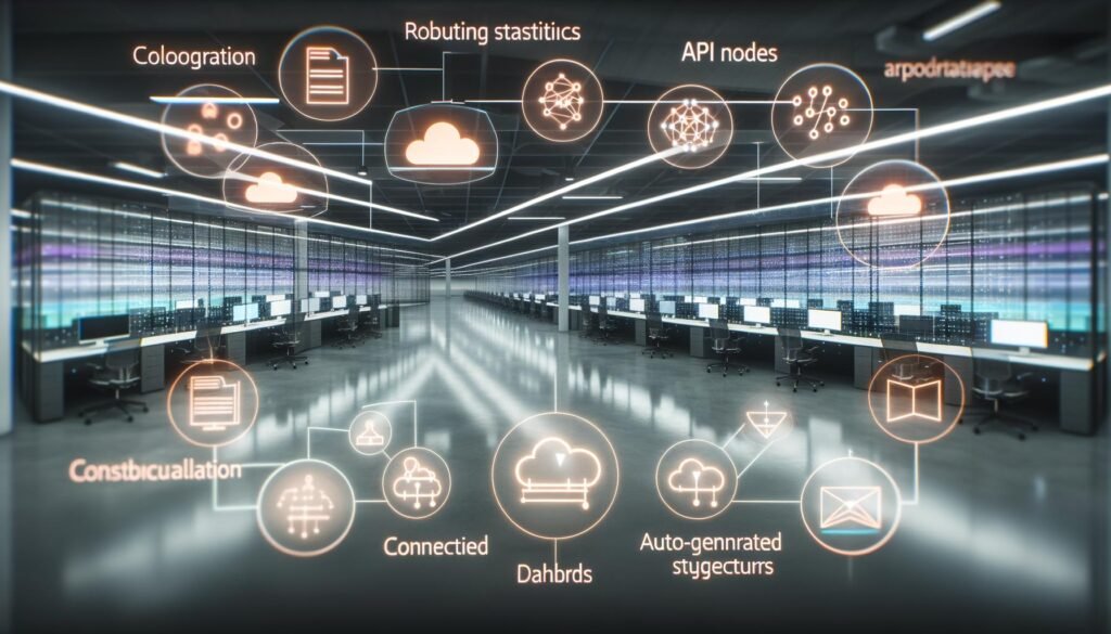 Modernes Redaktionsbüro mit schwebenden Dashboards, Echtzeit-Datenströmen, holografischen Anzeigen und automatisierten Content-Vorschlägen in futuristischem Design.