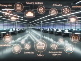 Modernes Redaktionsbüro mit schwebenden Dashboards, Echtzeit-Datenströmen, holografischen Anzeigen und automatisierten Content-Vorschlägen in futuristischem Design.