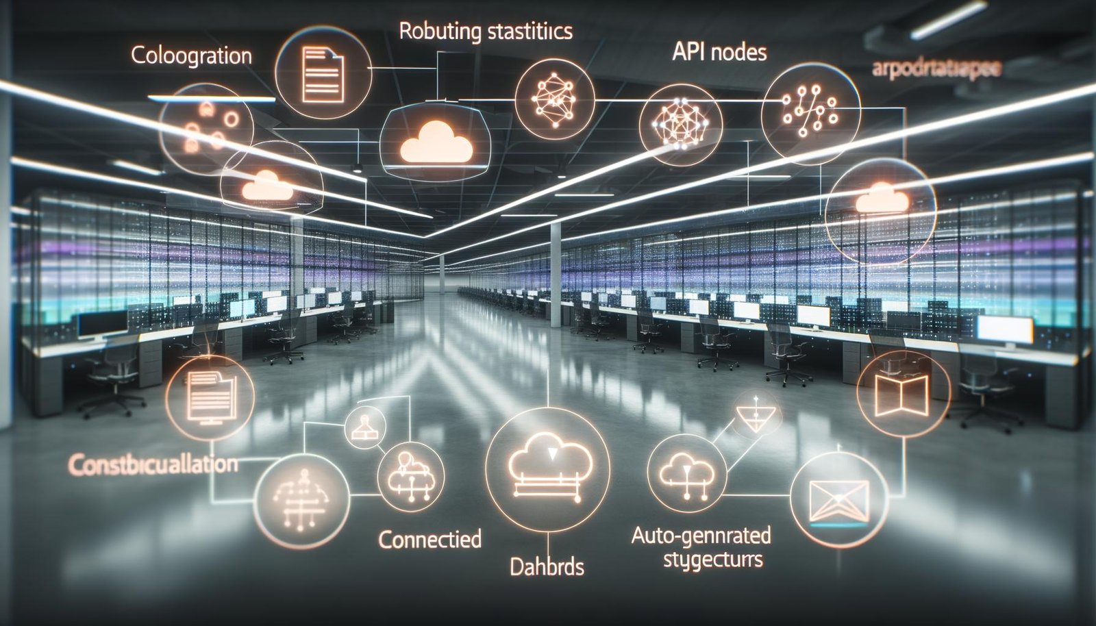 Modernes Redaktionsbüro mit schwebenden Dashboards, Echtzeit-Datenströmen, holografischen Anzeigen und automatisierten Content-Vorschlägen in futuristischem Design.