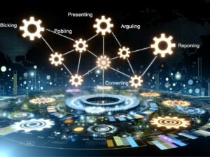 Modernes Titelbild des SPARK Modells mit Zahnrad-Feld, fünf verbundenen Phasen-Icons, Datenströmen und abstrakten Business-Elementen auf dunklem Hintergrund