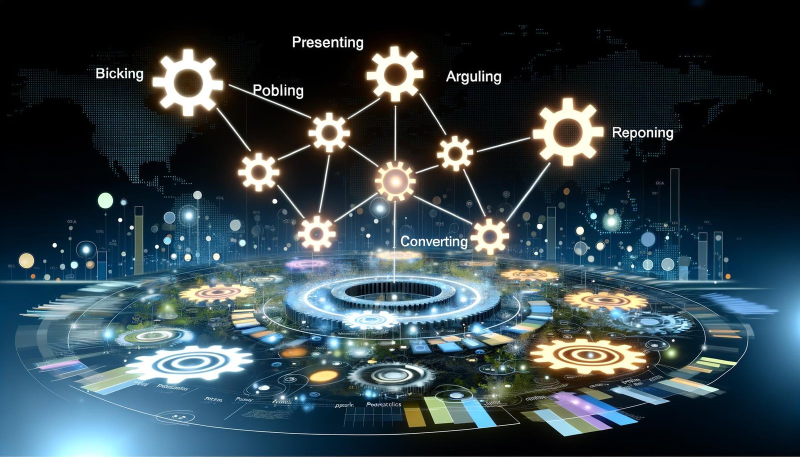 Modernes Titelbild des SPARK Modells mit Zahnrad-Feld, fünf verbundenen Phasen-Icons, Datenströmen und abstrakten Business-Elementen auf dunklem Hintergrund