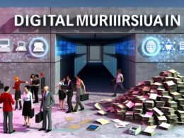 Menschen tragen Laptops vor dem Digitalministerium, Papierstapel und Faxgeräte auf dem Boden, moderne digitale Infrastruktur auf der rechten Seite, Aktenmauer mit Rissen im Hintergrund