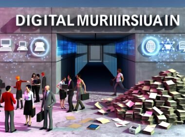 Menschen tragen Laptops vor dem Digitalministerium, Papierstapel und Faxgeräte auf dem Boden, moderne digitale Infrastruktur auf der rechten Seite, Aktenmauer mit Rissen im Hintergrund