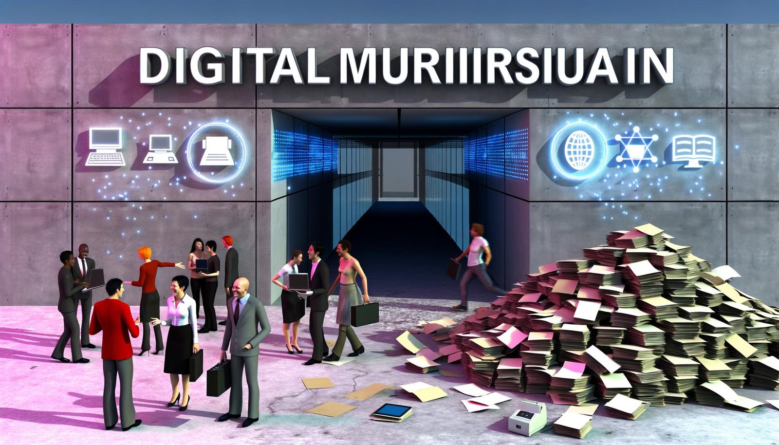 Menschen tragen Laptops vor dem Digitalministerium, Papierstapel und Faxgeräte auf dem Boden, moderne digitale Infrastruktur auf der rechten Seite, Aktenmauer mit Rissen im Hintergrund