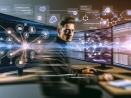 Marketer arbeitet konzentriert an Monitoren mit Data Streams, Spark-Logos und Visualisierungen, im Hintergrund fließende Datenströme aus verschiedenen Quellen.